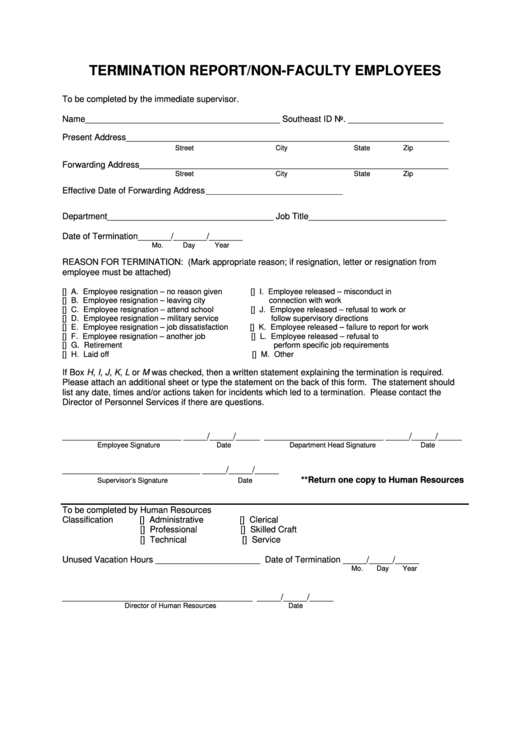 Fillable Termination Report/nonFaculty Employees Form printable pdf