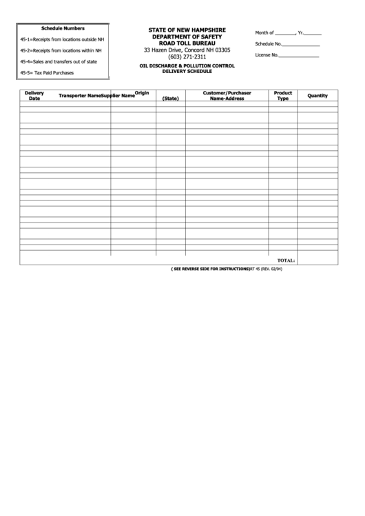 Form Rt-45 - Oil Discharge & Pollution Control Delivery Schedule - Departament Of Safety Road Toll Bureau, State Of New Hampshire Printable pdf