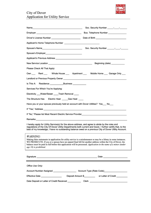 Application For Utility Service Form - City Of Dover Utility Department Printable pdf