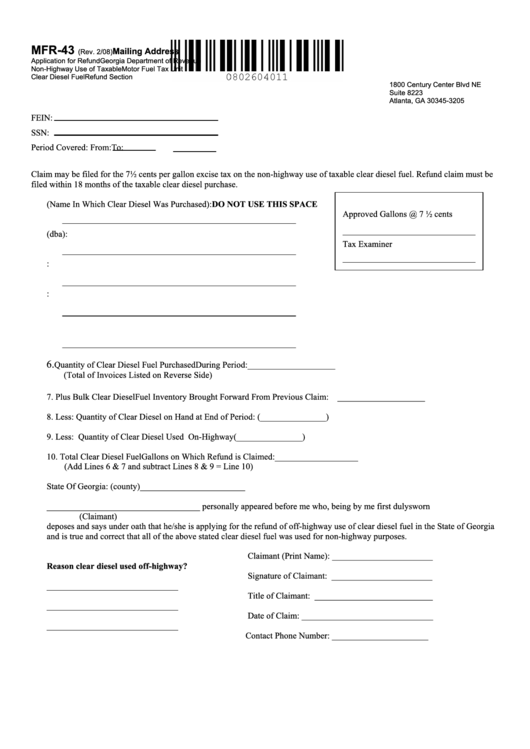Form Mfr-43 - Application For Refund Non-Highway Use Of Taxable Clear Diesel Fue - Departament Of Revenue, State Of Georgia Printable pdf