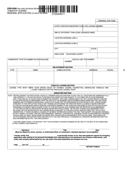 Fillable Form Crr-0200 - Tobacco License Renewal Application - Departament Of Revenue, State Of Georgia Printable pdf