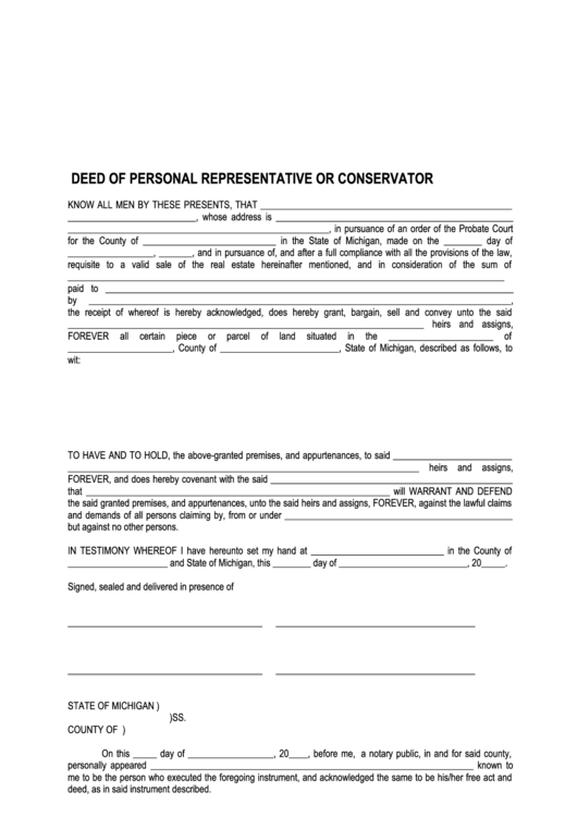 Fillable Deed Of Personal Representative Or Conservator Form Printable pdf