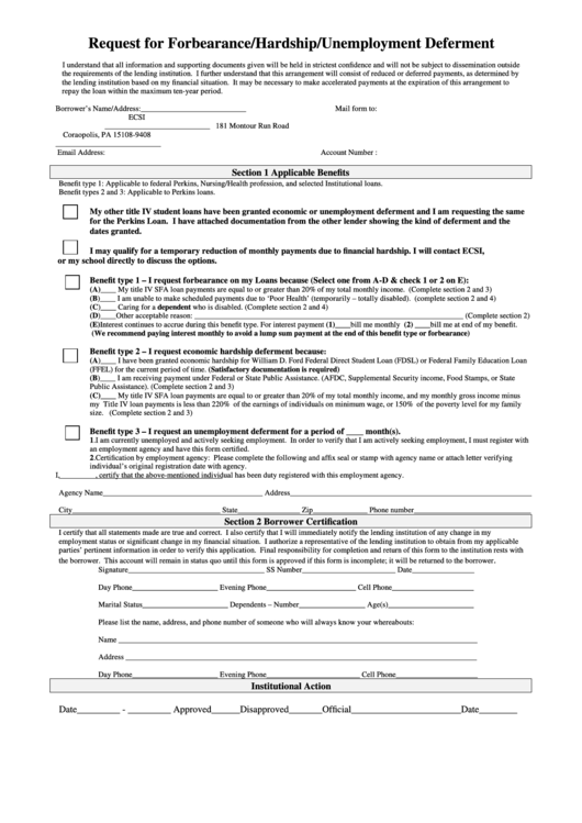Request For Forbearance/hardship/unemployment Deferment Template