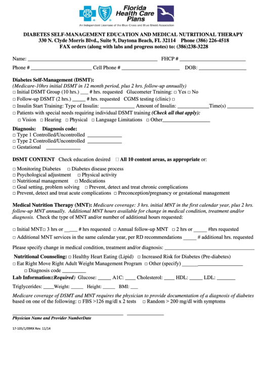 Diabetes Self-Management Education And Medical Nutritional Therapy Form Printable pdf