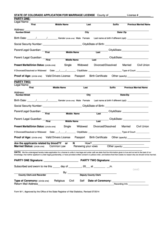 Form M-1 Application For Marriage License Printable pdf