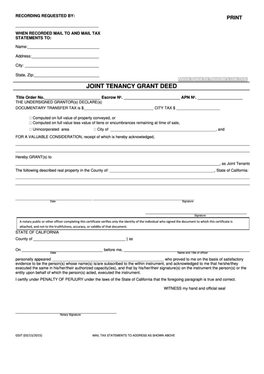 Fillable Joint Tenancy Grant Deed - State Of California - 2015 Printable pdf