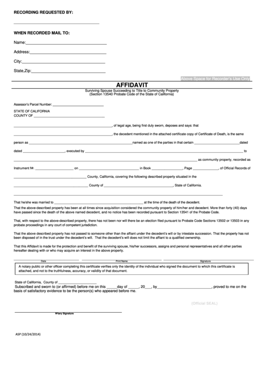 Fillable Surviving Spouse Succeeding To Title To Community Property Affidavit Form Printable pdf