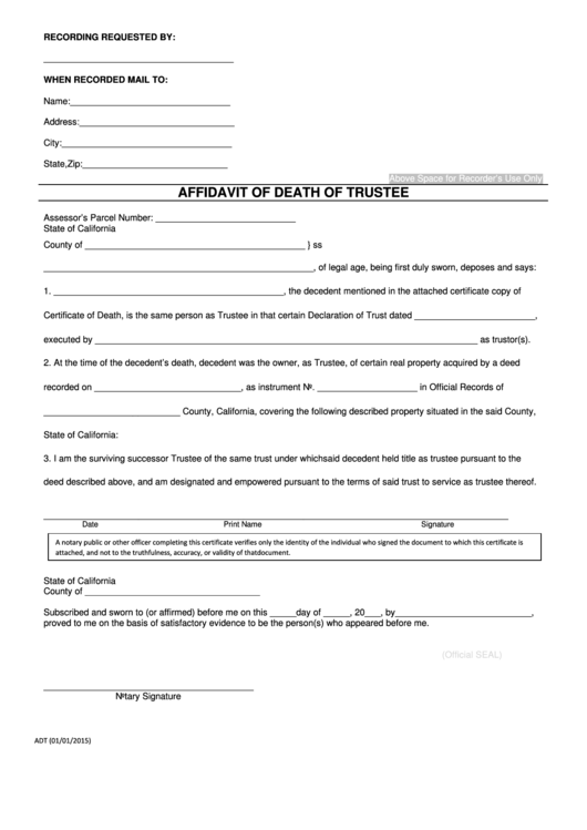 Fillable Affidavit Of Death Of Trustee Form - State Of California Printable pdf