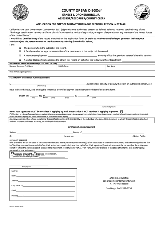 Fillable Form Dd214 - Application For Copy Of Military Discharge Record In Person Or By Mail - 2015 Printable pdf