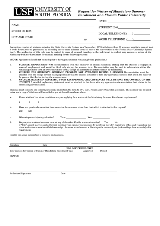 Fillable Request For Waiver Of Mandatory Summer Enrollment Form Printable pdf