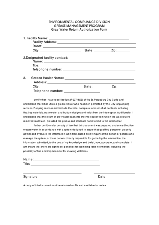 Gray Water Return Authorization Form - City Of St. Petersburg Printable pdf