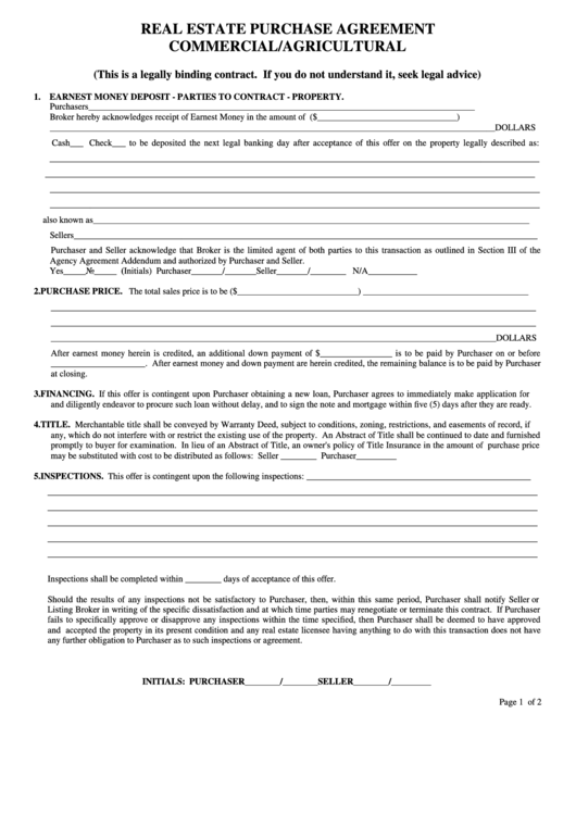 Real Estate Purchase Agreement Form Printable pdf