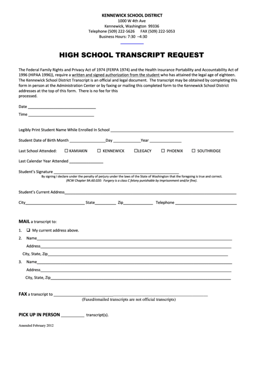 Form High School Transcript Request Printable Pdf Download