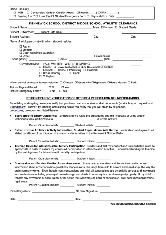 Middle School Athletic Clearance Form