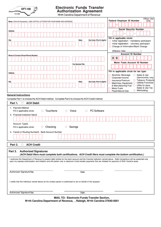 Form Eft-100 - Electronic Funds Transfer Authorization Agreement Printable pdf