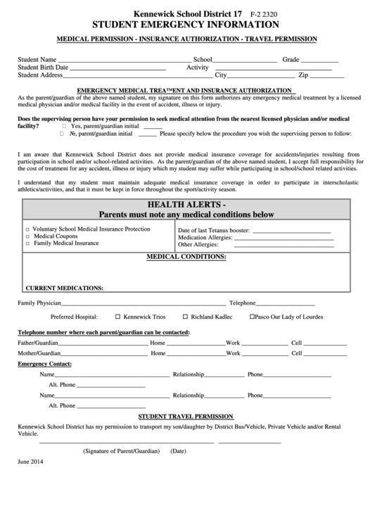 Student Emergency Form Printable pdf