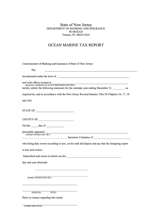 Fillable Ocean Marine Tax Report Form - New Jersey Department Of Banking And Insurance Printable pdf