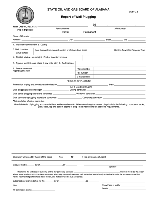 Fillable Form Ogb-11 - Report Of Well Plugging Printable pdf