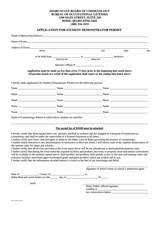Application For Student Demonstrator Permit Form - State Board Of Cosmetology Bureau Of Occupational Licenses, State Of Idaho Printable pdf