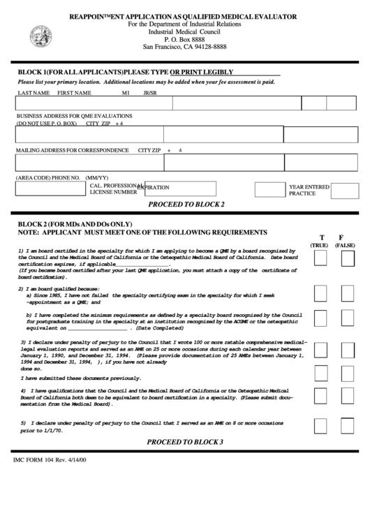 Fillable Form 104 - Reappointment Application As Qualified Medical Evaluator - Department Of Industrial Relations Industrial Medical Council, State Of California Printable pdf