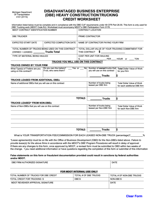 Fillable Form 4101 - Heavy Construction Trucking Credit Worksheet Printable pdf