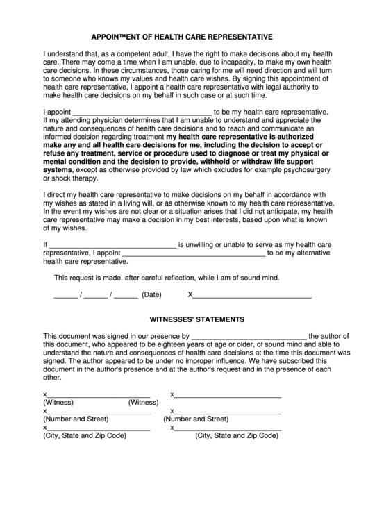 Appointment Of Health Care Representative Form - Ct Attorney General Printable pdf