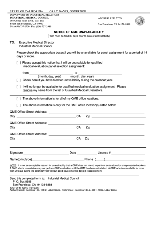 Fillable Form 12210 - Notice Of Qme Unavailability - Department Of Industrial Relations Industrial Medical Council, State Of California Printable pdf
