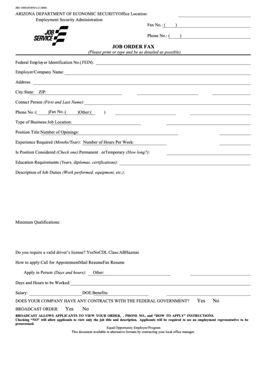 Fillable Job Order Fax - Arizona Department Of Economic Security - 2000 Printable pdf