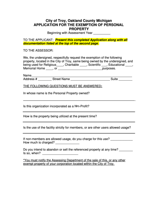 Fillable Application For The Exemption Of Personal Property Form Printable pdf