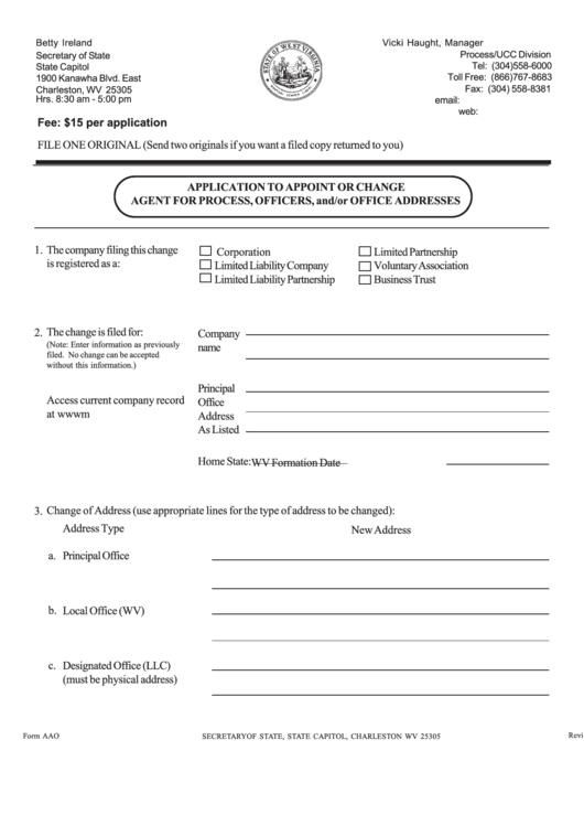 Fillable Form Aao - Application To Appoint Or Change Agent For Process, Officers, And/or Office Addresses - Secretary Of State, State Of West Virginia Printable pdf