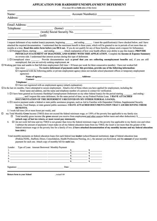 Application For Hardship/unemployment Deferment Form Printable pdf