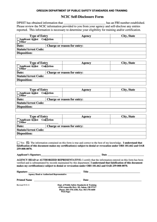 Self-Disclosure Form - Oregon Department Of Public Safety Standards And Training Printable pdf