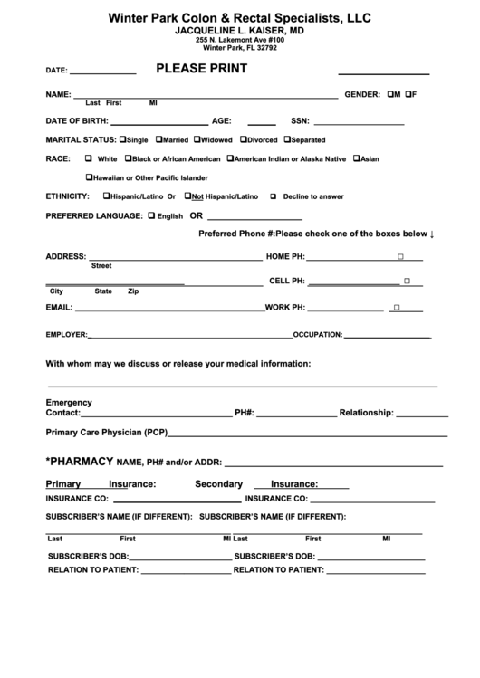 Patient Questionnaire Form Printable pdf