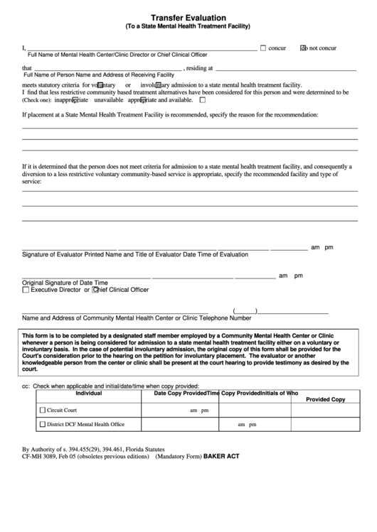 Transfer Evaluation Form - State Mental Health Treatment Facility Printable pdf