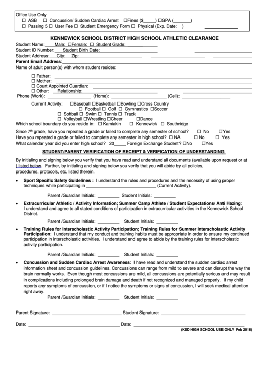 High School Athletic Clearance Form Printable pdf