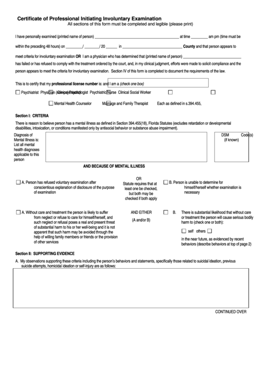 Certificate Of Professional Initiating Involuntary Examination Form