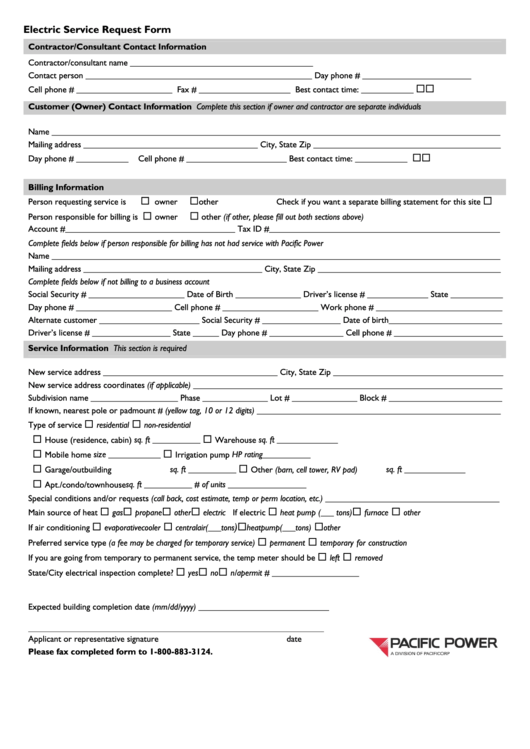 Electric Service Request Form Printable pdf