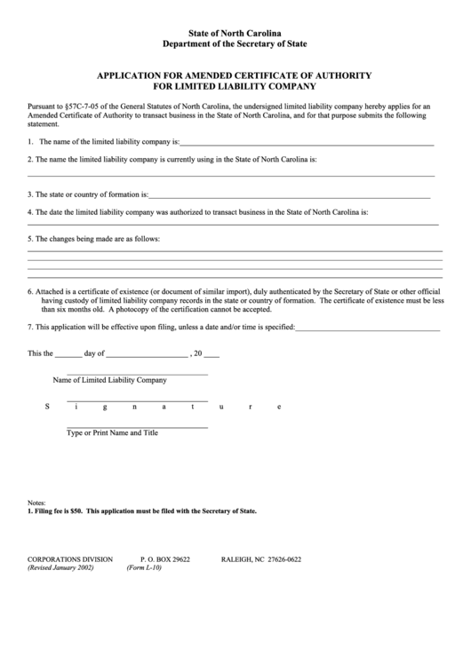 Fillable Form L-10 - Application For Amended Certificate Of Authority For Limited Liability Company Printable pdf