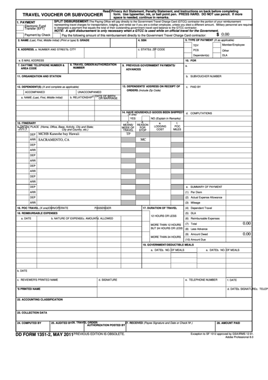 Fillable Dd Form 1351-2 - Travel Voucher Or Subvoucher Printable pdf