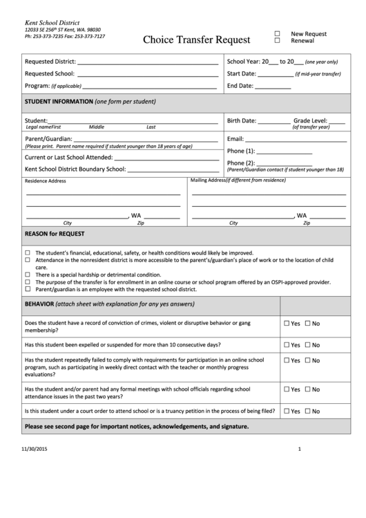 Choice Transfer Request Form - Kent School District - 2015