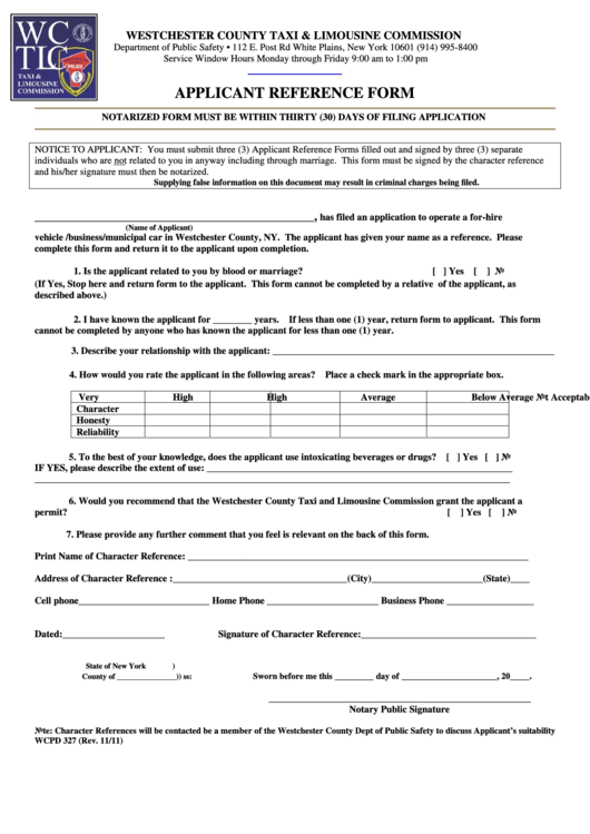 Applicant Reference Form - Westchester County Taxi & Limousine Commission, Department Of Public Safety
