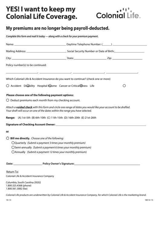Form 18514-15 - Colonial Life Premium Payment Registration Form Printable pdf