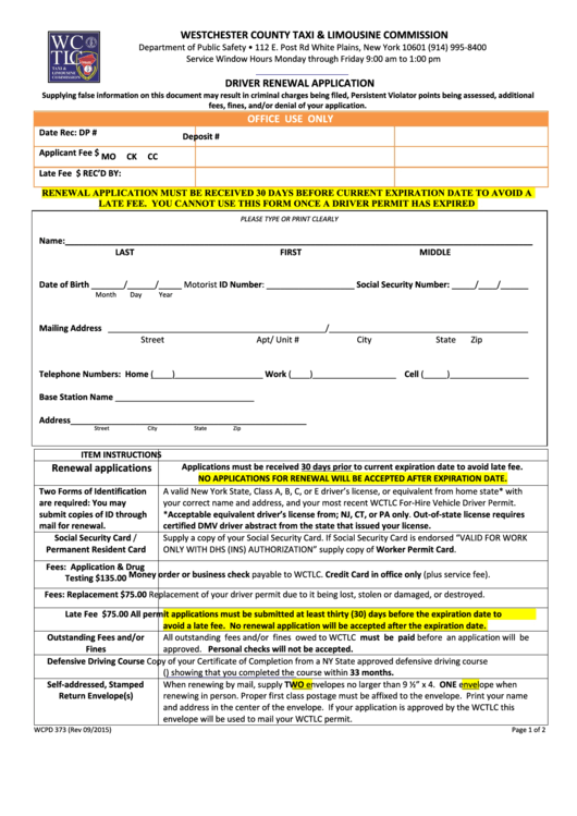 Driver Renewal Application Form - Westchester County Taxi & Limousine Commission, Department Of Public Safet Printable pdf