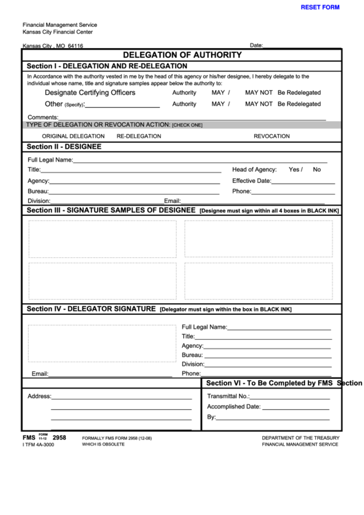 Fillable Form Fms 2958 - Delegation Of Authority - Kansas Department Of The Treasury Printable pdf