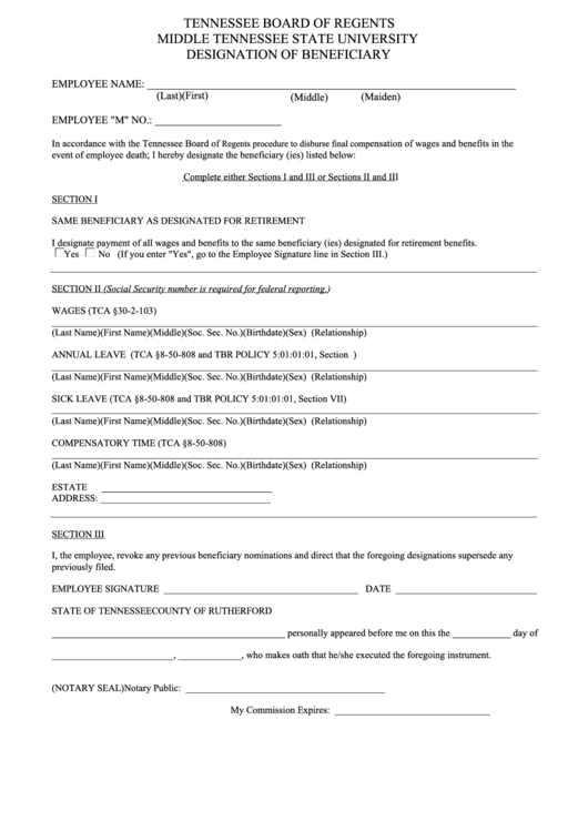 Fillable Designation Of Beneficiary Form - Tennessee Board Of Regents Printable pdf