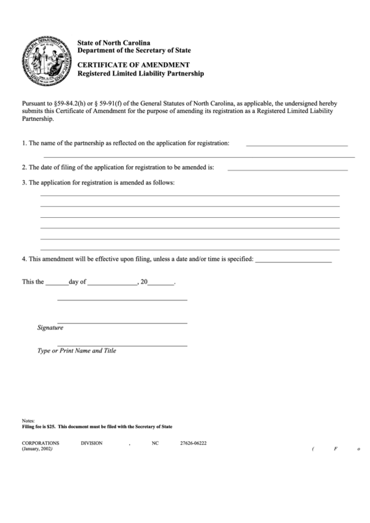 Fillable Form Llp-03 - Certificate Of Amendment - Nc Secretary Of State - 2002 Printable pdf