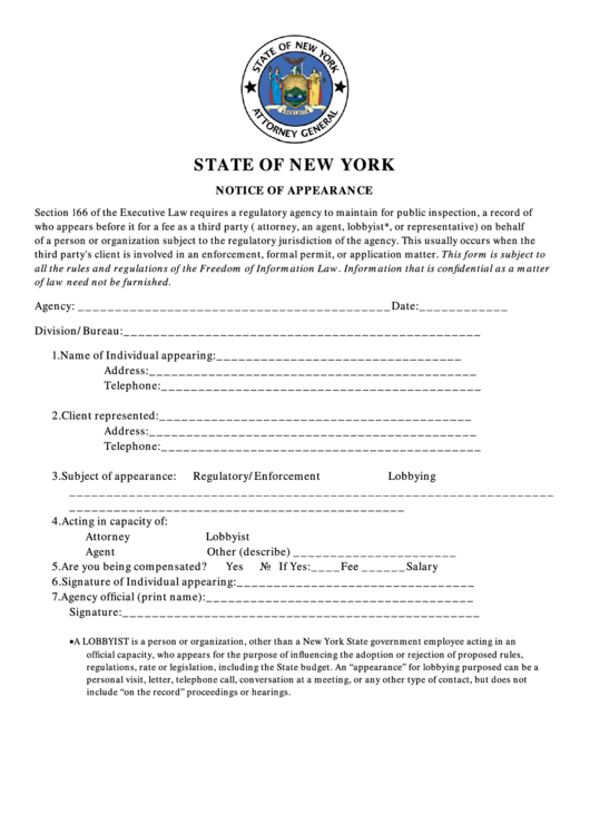 Fillable Notice Of Appearance Form - State Of New York Printable pdf