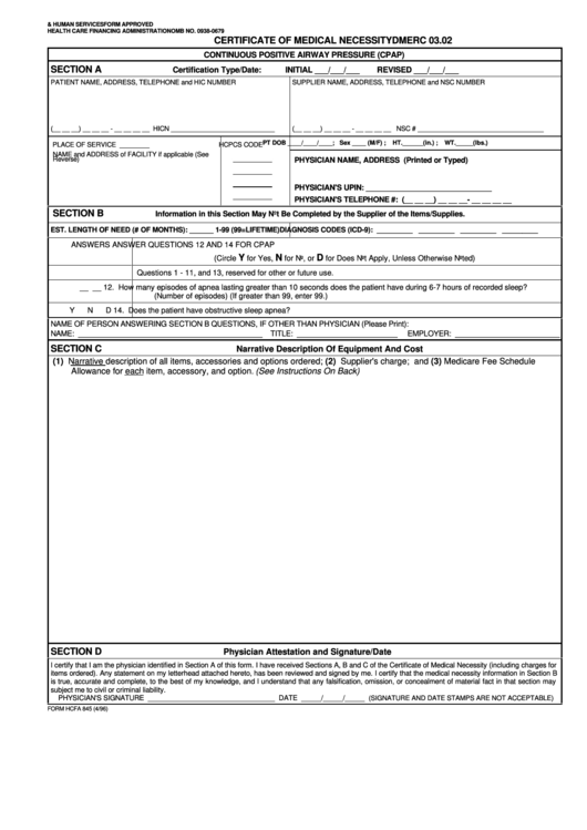 Form Hcfa 845 - Certificate Of Medical Necessity - U.s. Department Of Health & Human Services Printable pdf