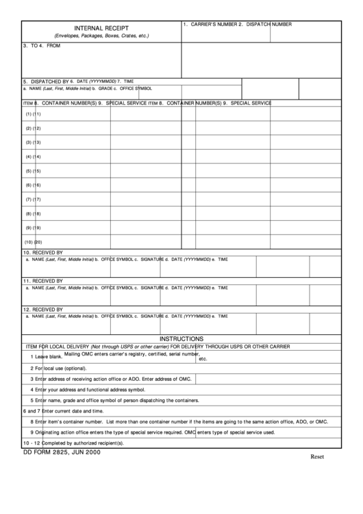 Fillable Dd Form 2825 - Internal Receipt Printable pdf