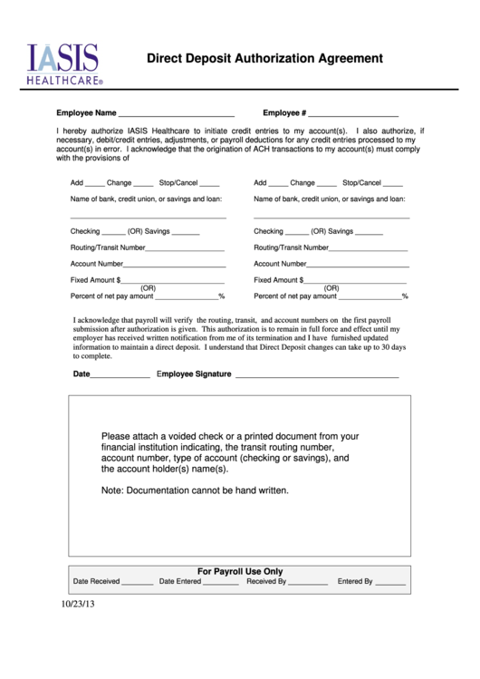 Direct Deposit Authorization Agreement Template Printable pdf